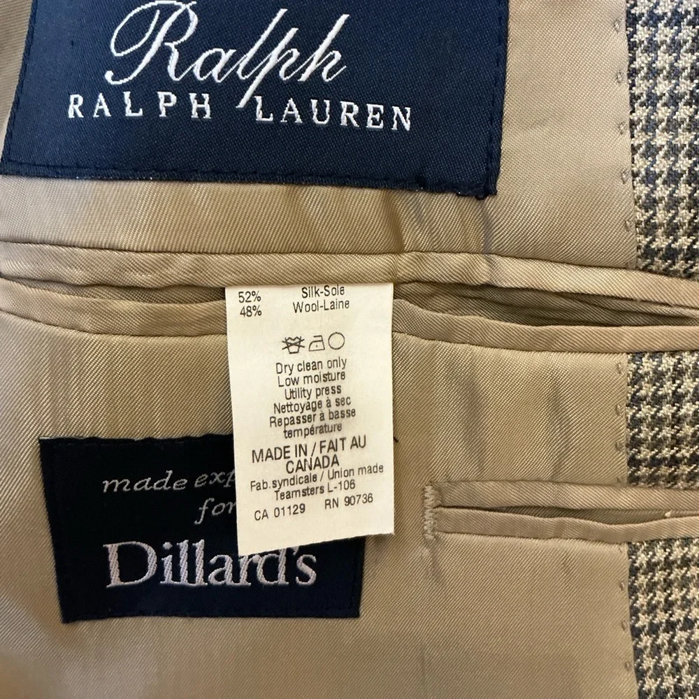 Ralph Lauren Mens 42L Tan/Blue/Gray Houndstooth Wool Silk Sport Coat Blazer